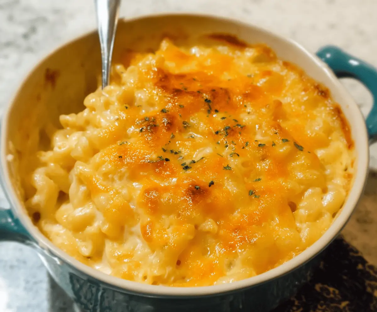 Creamy Paula Deen's Mac and Cheese served in a rustic bowl, topped with melted cheese and fresh herbs.