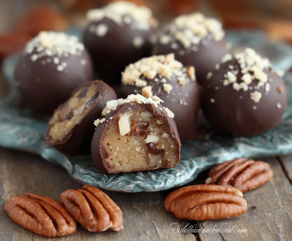 Delicious Pecan Pie Truffles with a rich chocolate coating and crunchy pecan pieces