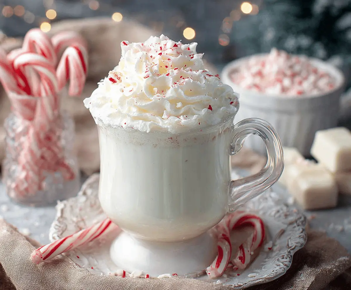 Sweet peppermint white hot chocolate topped with whipped cream and a candy cane, perfect for winter holidays.