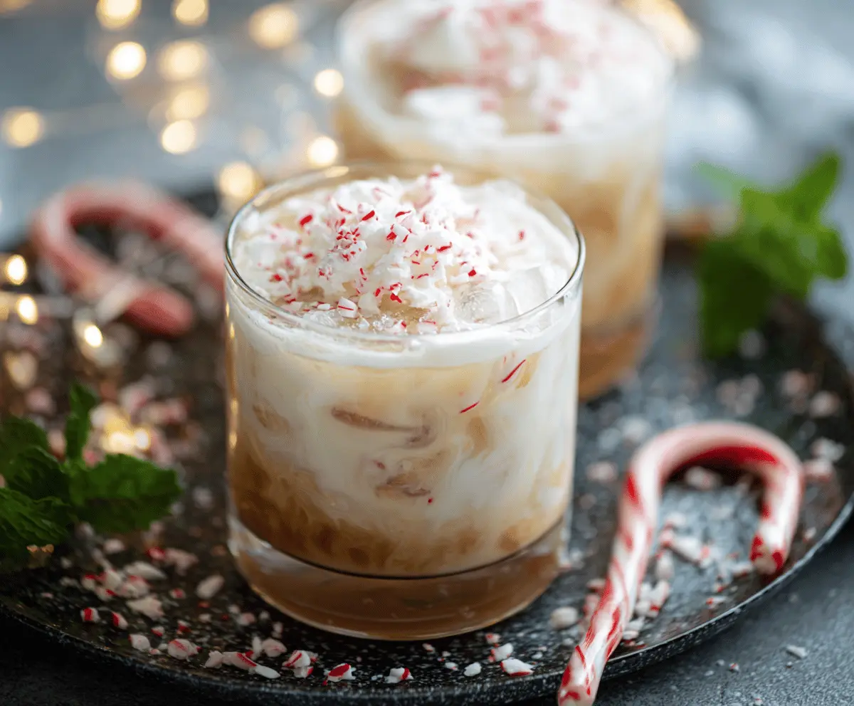 Refreshing Peppermint White Russian cocktail with whipped cream and a candy cane garnish on a festive table.
