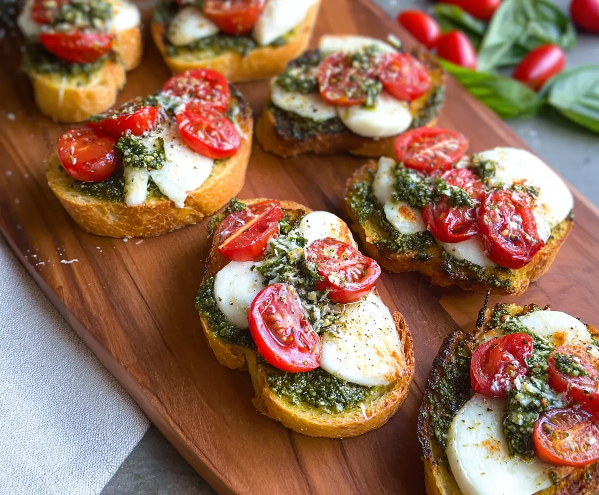 Delicious Pesto Tomato Mozzarella Crostini on a wooden board, showcasing fresh ingredients and vibrant colors.