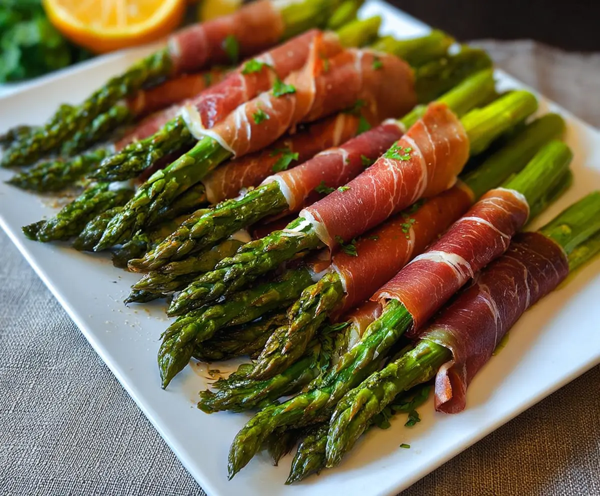Delicious prosciutto-wrapped asparagus spears garnished with herbs.