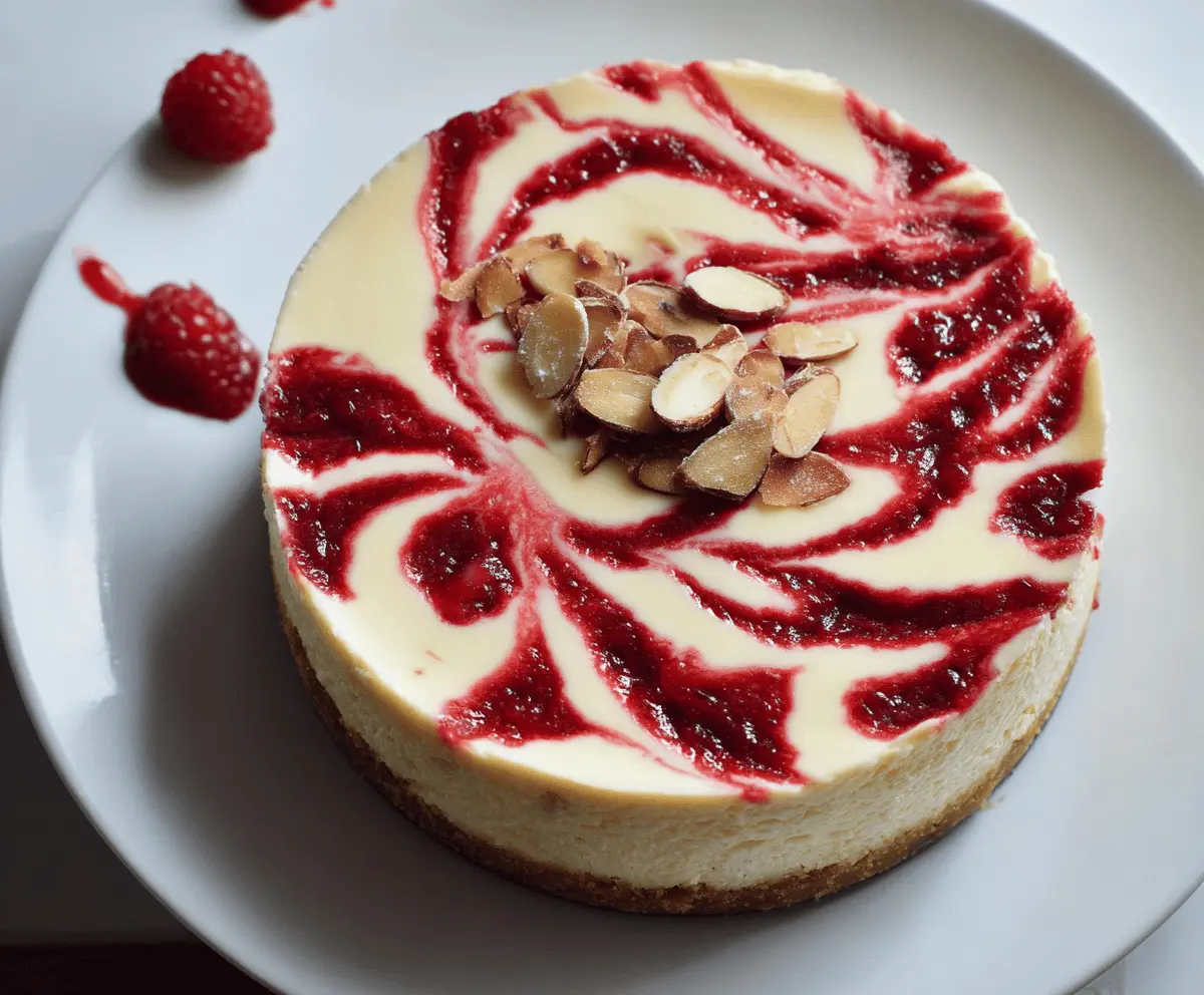 Creamy raspberry almond cheesecake topped with fresh raspberries and sliced almonds.
