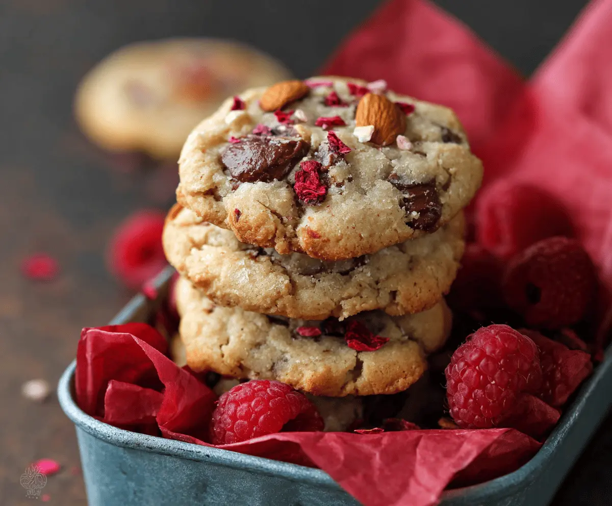 Delicious raspberry almond cookies topped with freeze-dried berries and almonds