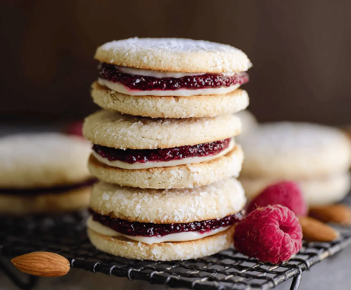 Delicious raspberry almond sandwich cookies with fresh filling on a platter.