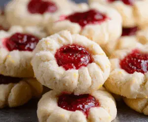 Delicious Raspberry and Lemon Thumbprint Cookies with a colorful berry topping and zesty lemon flavor ready to enjoy.