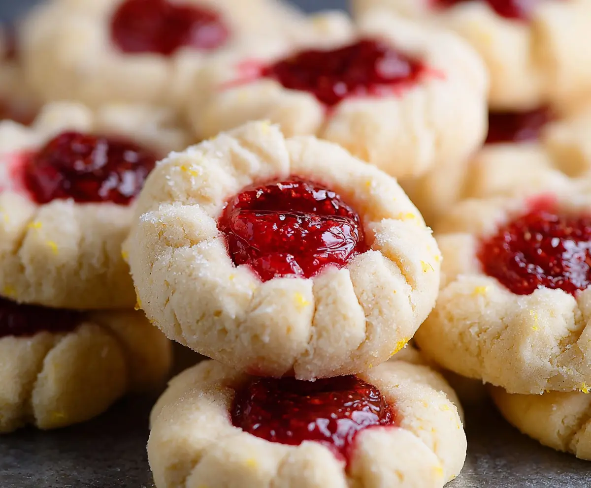 Delicious Raspberry and Lemon Thumbprint Cookies with a colorful berry topping and zesty lemon flavor ready to enjoy.