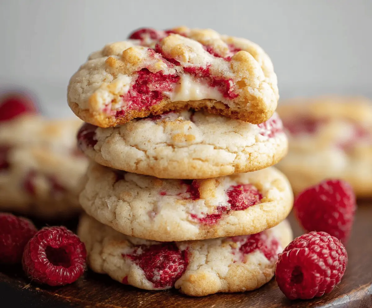 Delicious raspberry cheesecake cookies with a creamy filling and fresh raspberries on top.