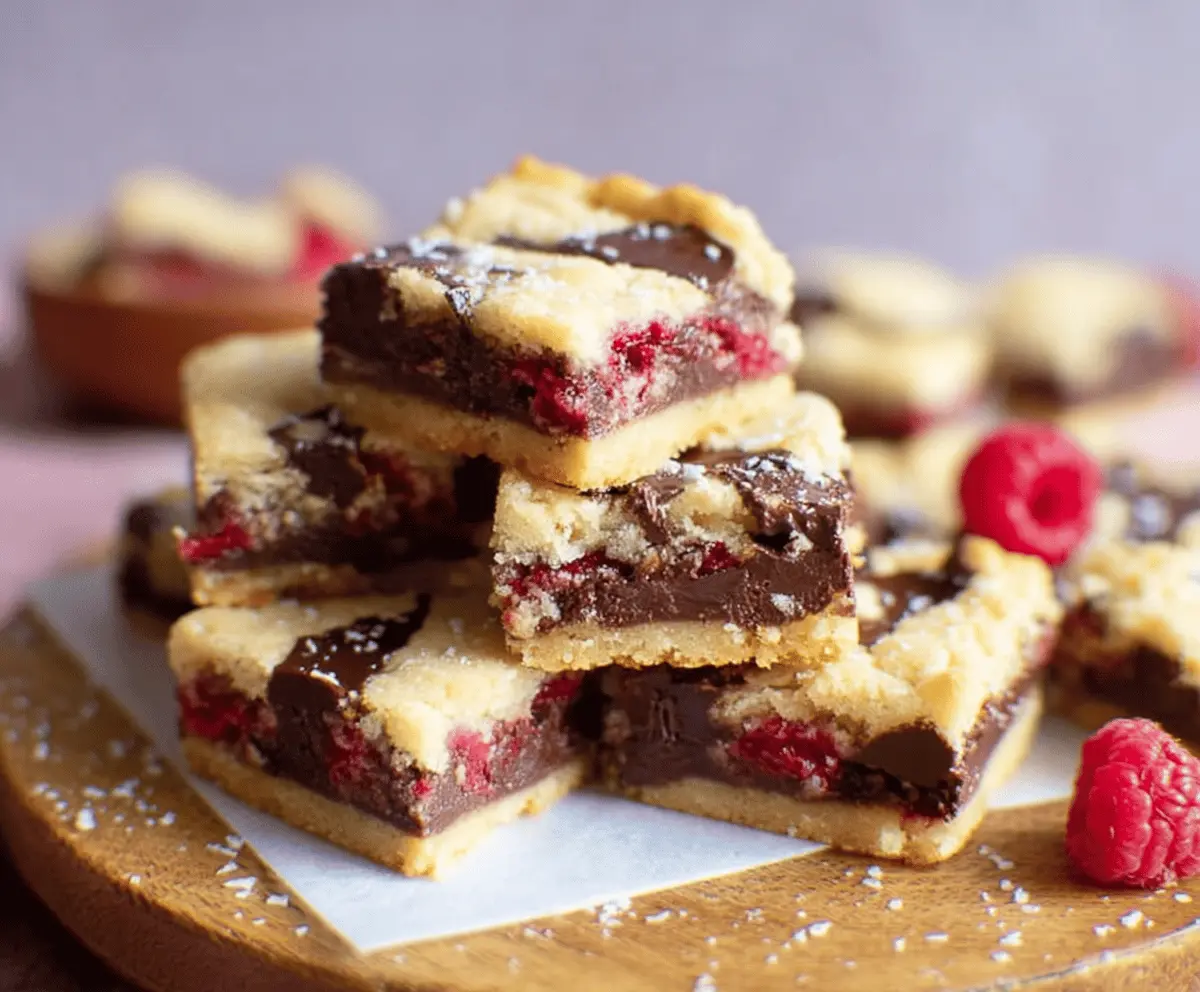 Close-up of raspberry chocolate chip shortbread bars with fresh raspberries and melted chocolate