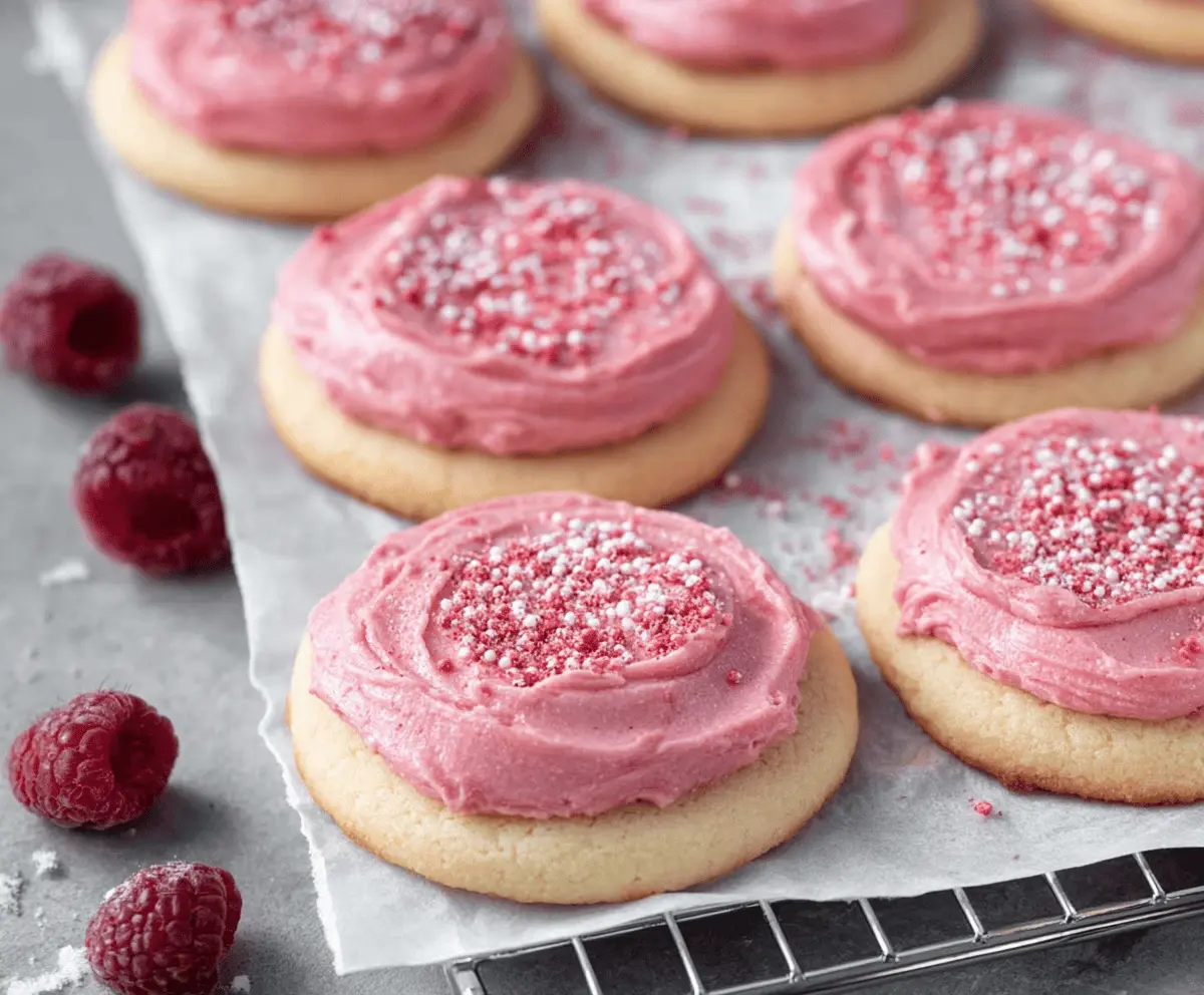 Delicious raspberry frosted sugar cookies decorated with vibrant pink icing and sprinkles.