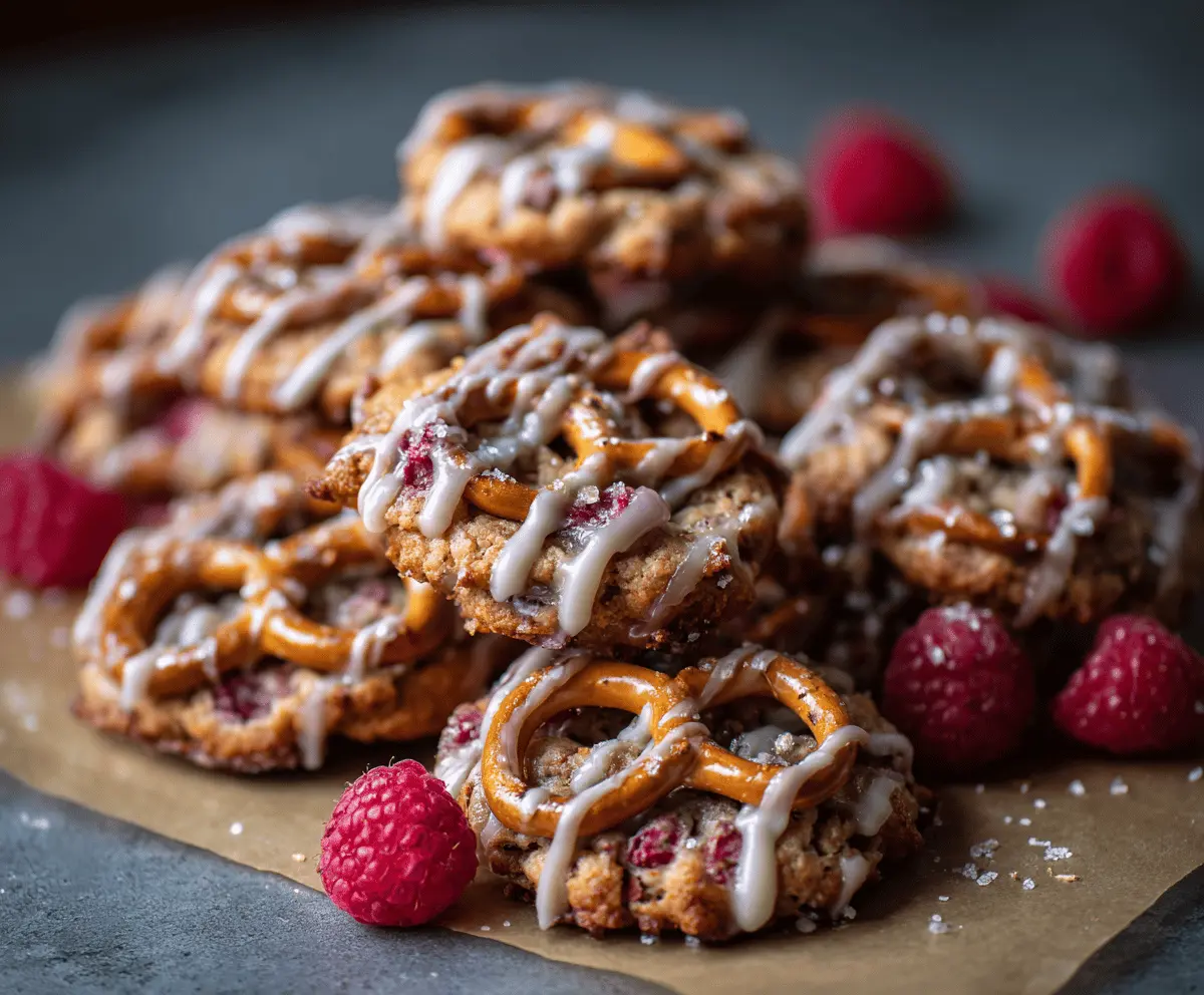 Delicious Raspberry Pretzel Cookies with a sweet and salty flavor, topped with fresh raspberries.