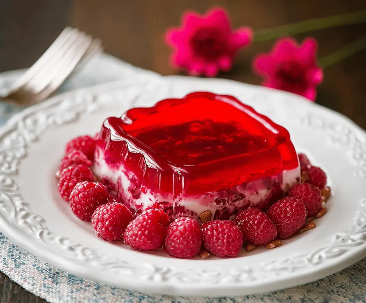 Delicious Raspberry Pretzel Jello dessert with vibrant red berries and crunchy pretzel crust.