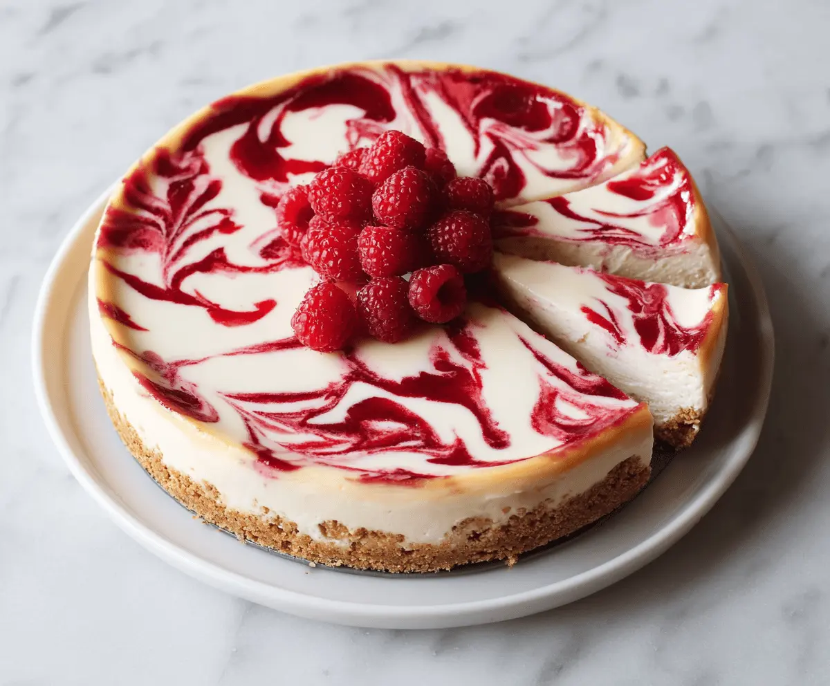 Delicious Raspberry Swirl Cheesecake with a vibrant raspberry glaze and creamy texture