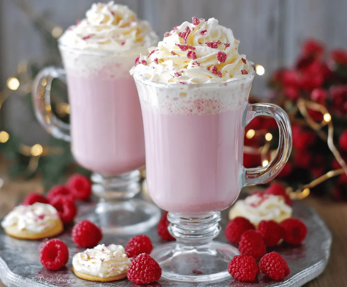 A cozy cup of raspberry white hot chocolate topped with whipped cream and fresh raspberries.