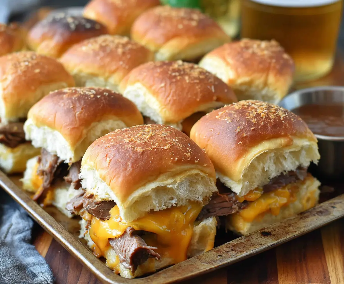 Delicious roast beef and cheddar sliders on a serving platter, perfect for appetizers or snacks.