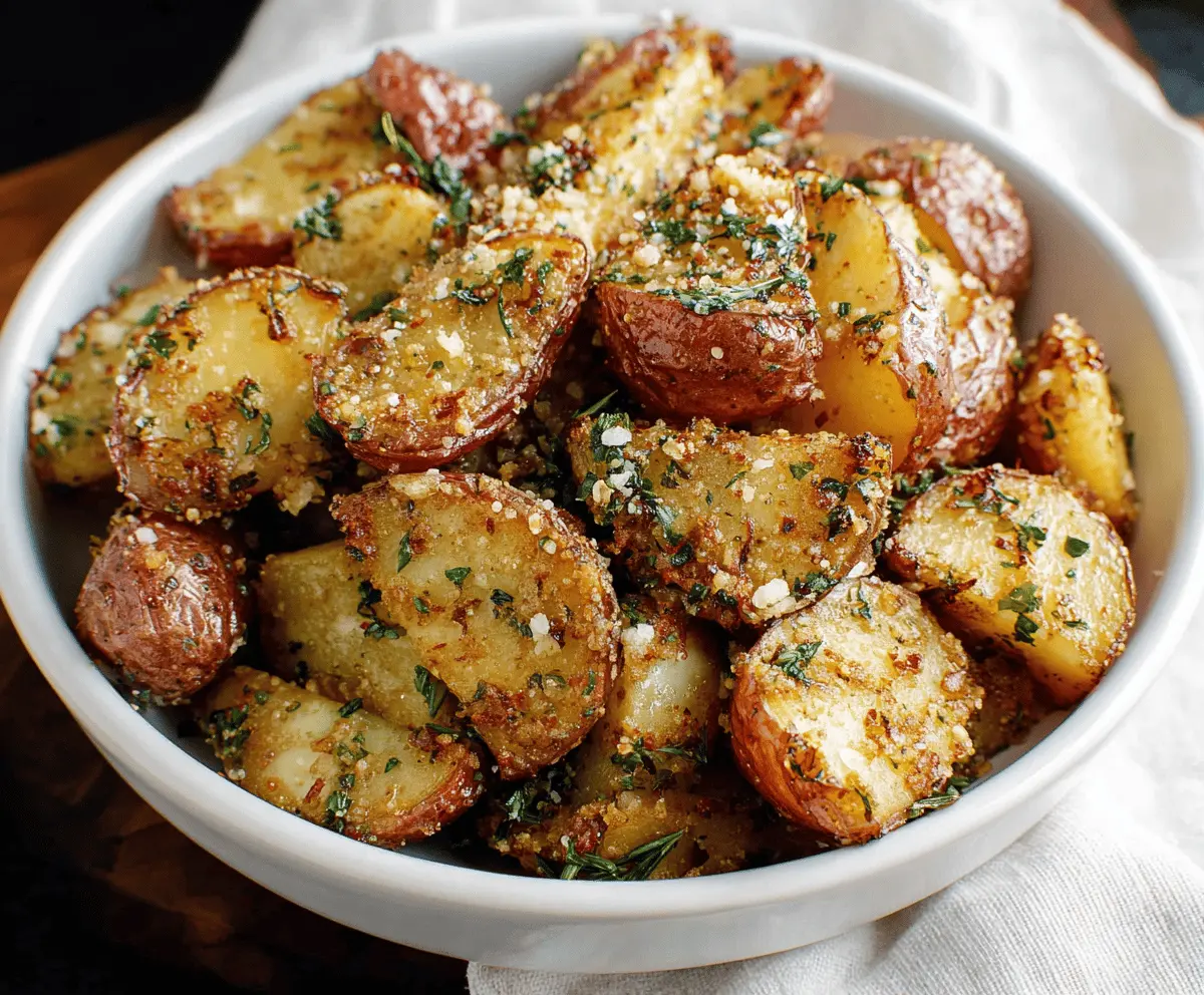 Golden roasted garlic Parmesan potatoes served on a white plate, garnished with fresh herbs.