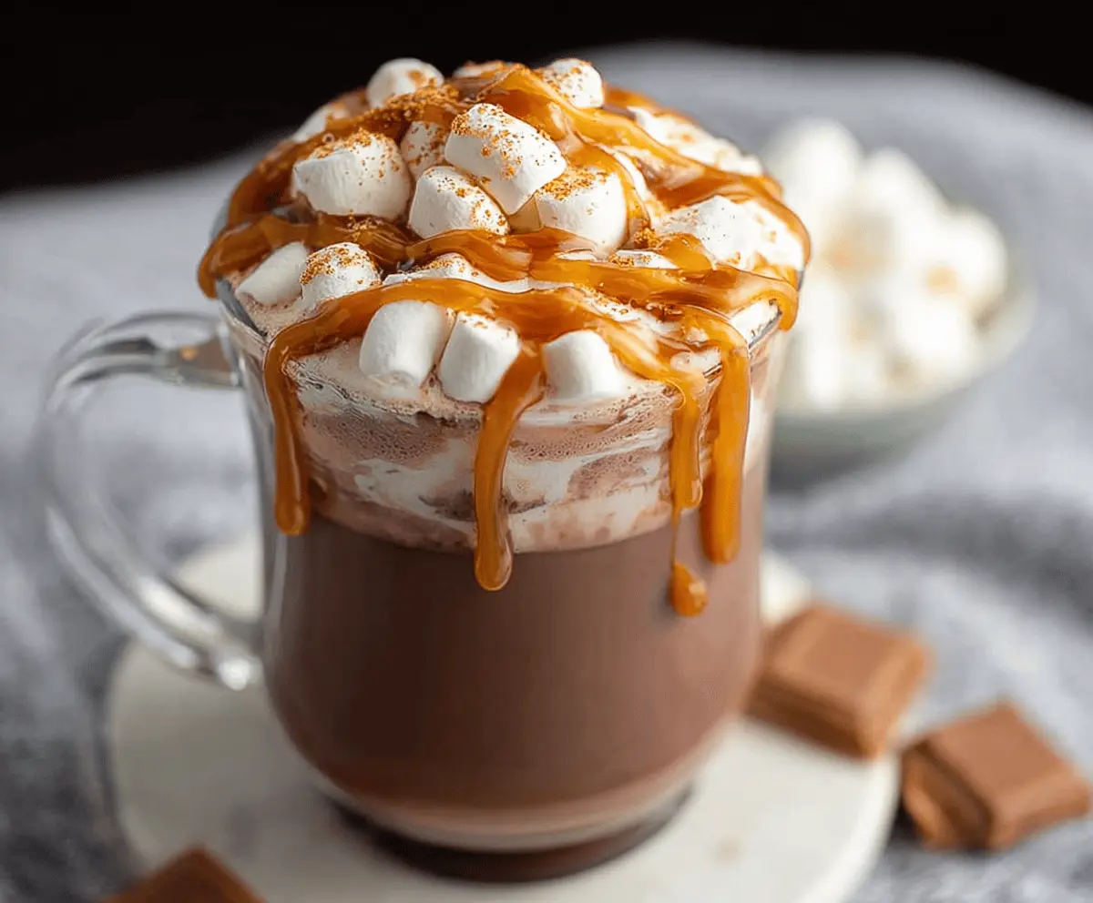 Delicious salted caramel hot chocolate in a cozy mug topped with whipped cream and caramel drizzle.
