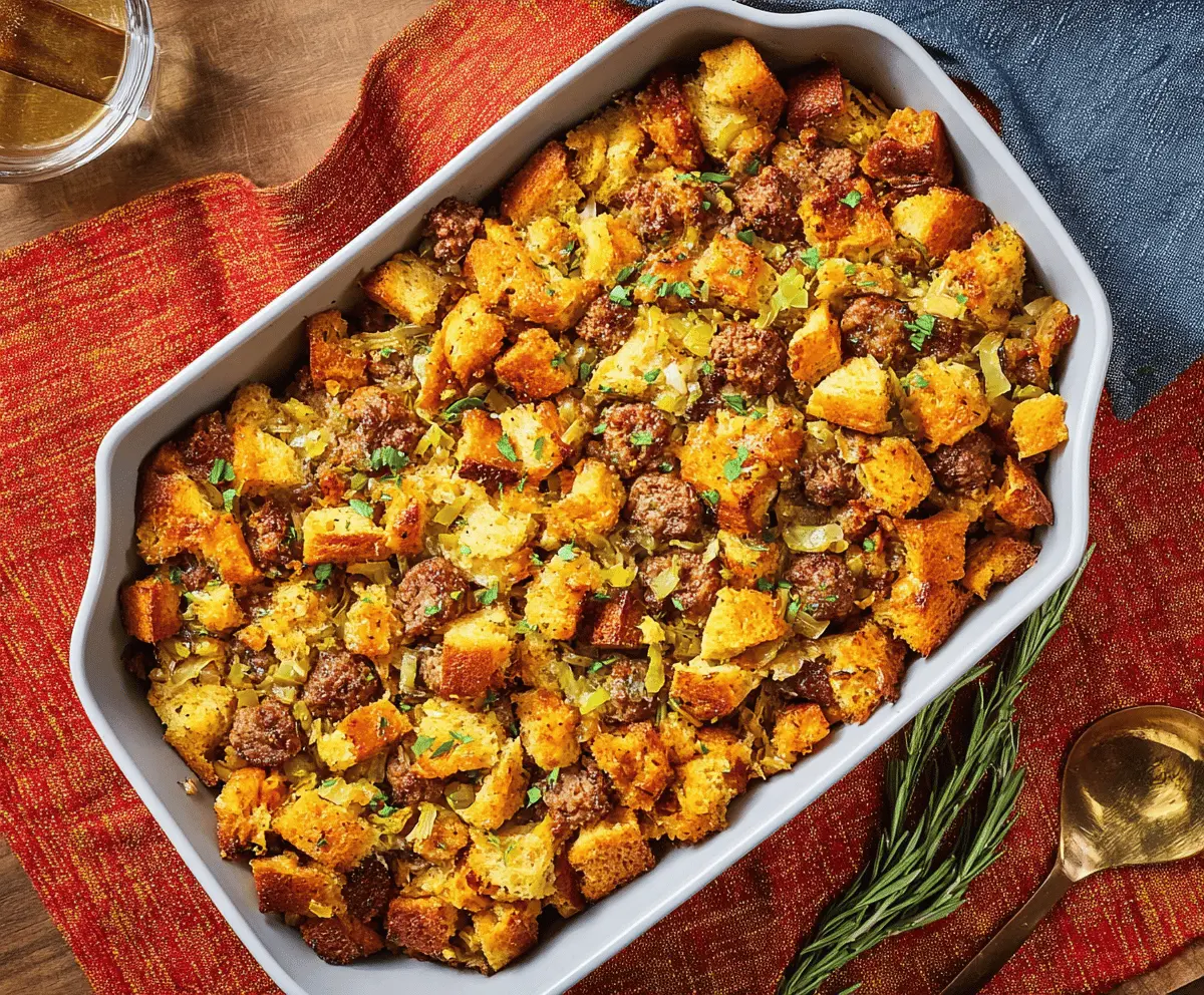 Delicious sausage stuffing loaded with flavorful herbs and spices, perfect for holiday dinners.
