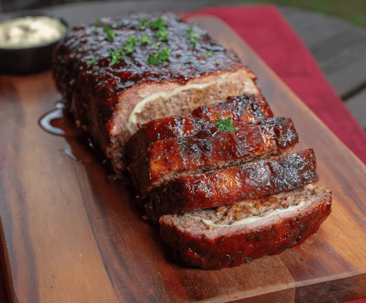Delicious smoked meatloaf garnished with herbs on a rustic plate