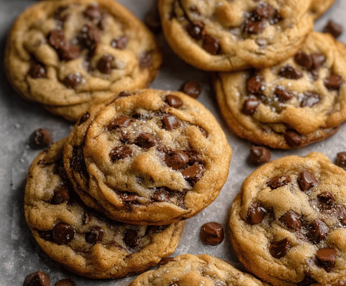 Delicious soft-batch chocolate chip cookies fresh out of the oven with gooey chocolate chips.