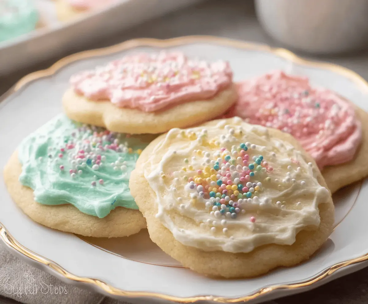 Delicious homemade sour cream sugar cookies on a baking tray with a golden crust and sugar sprinkles.