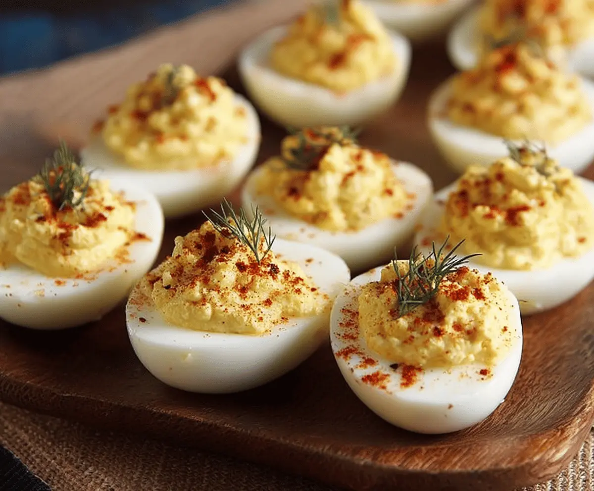 Delicious Southern deviled eggs garnished with paprika and fresh herbs on a white plate.