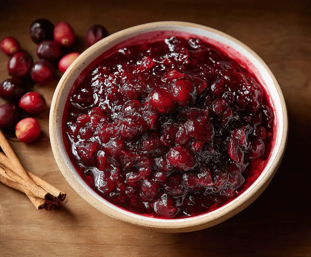 Homemade spiced cranberry sauce with fresh cranberries and warm spices in a glass bowl