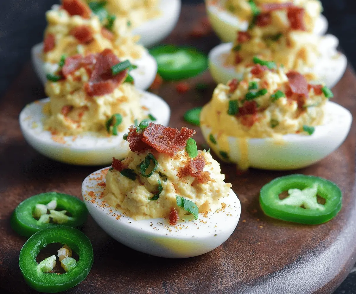 Spicy Jalapeño Popper Deviled Eggs topped with fresh herbs and crispy bacon bits.