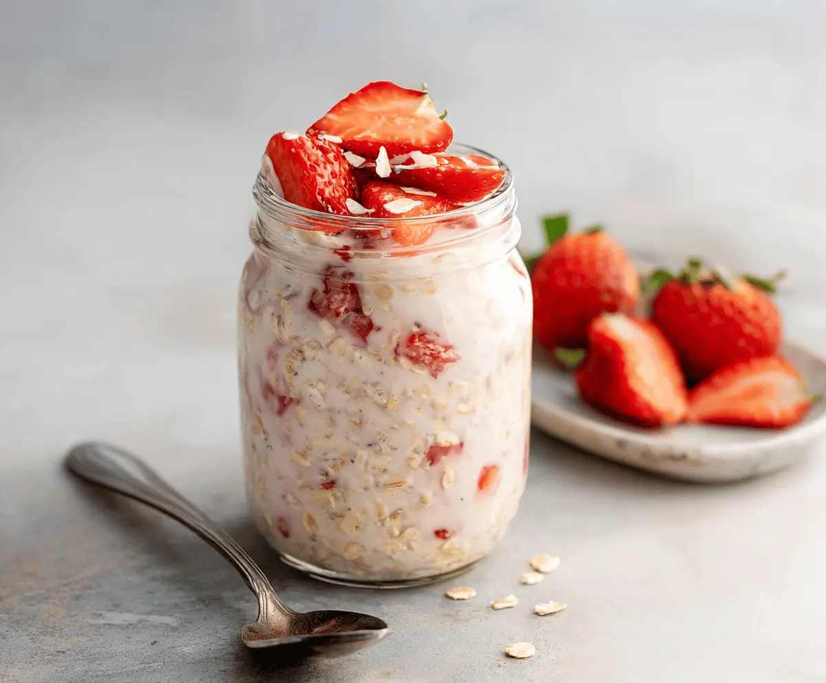 Creamy overnight oats topped with fresh strawberries and a drizzle of cream for a delicious breakfast.