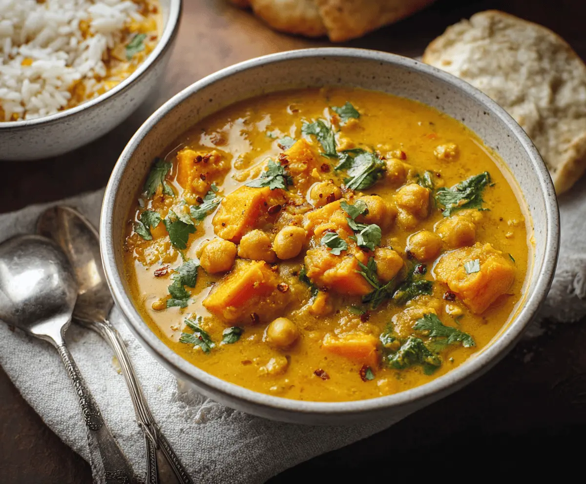 Warm and hearty sweet potato chickpea curry soup in a bowl, garnished with fresh cilantro.