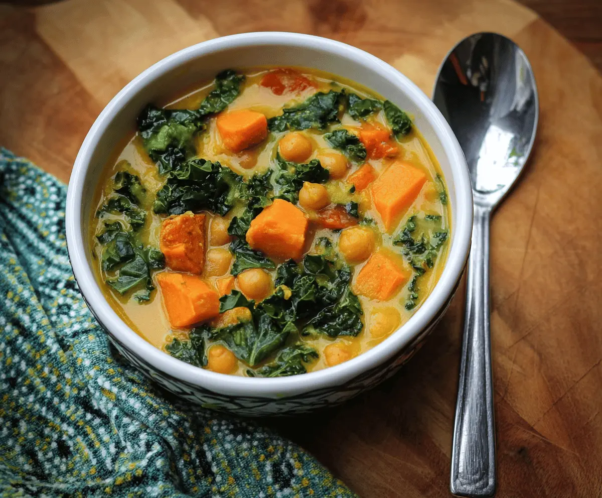 Hearty sweet potato kale soup in a bowl, garnished with fresh herbs, perfect for a healthy meal.