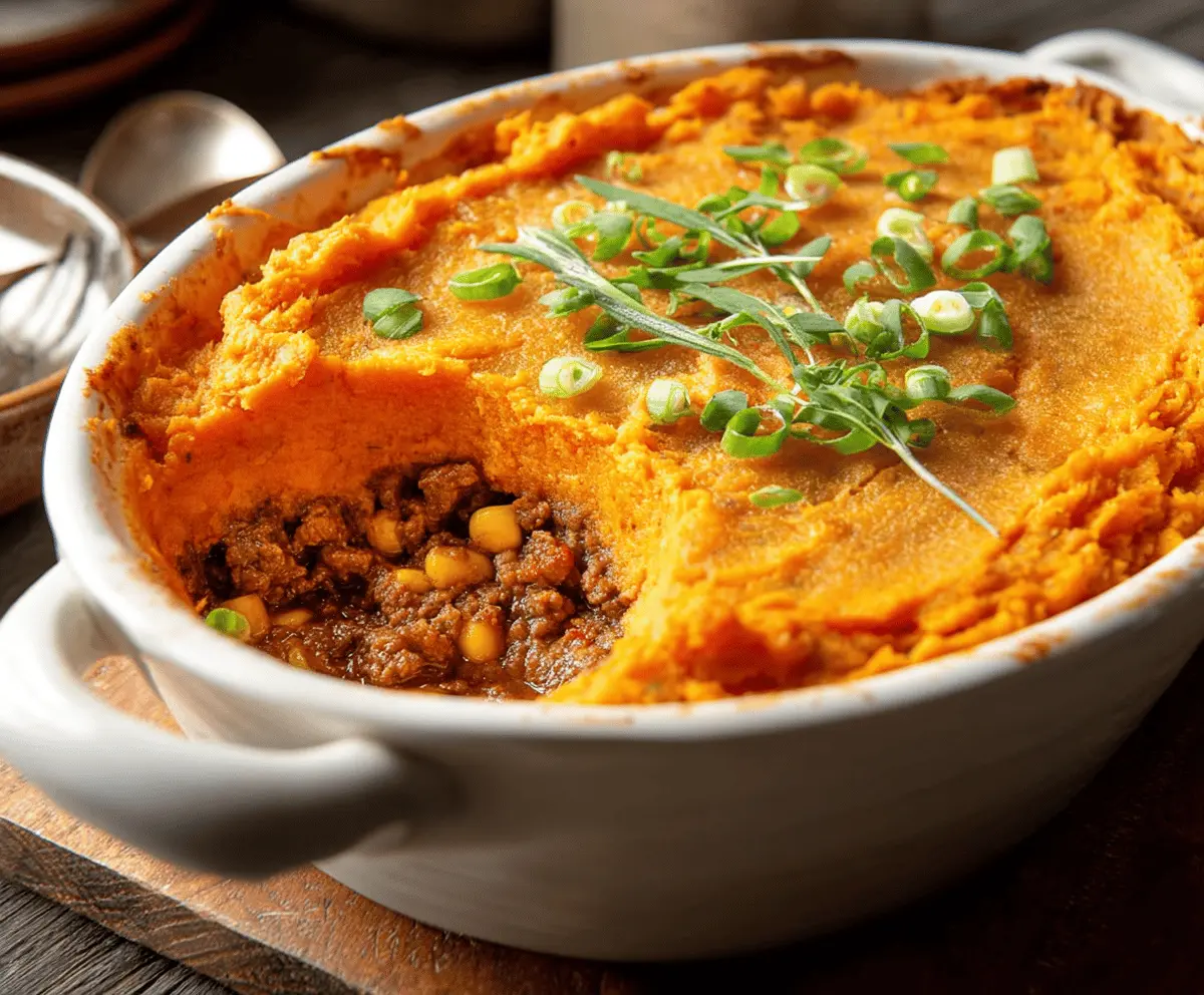 Delicious sweet potato shepherd’s pie topped with golden mashed sweet potatoes and herbs.
