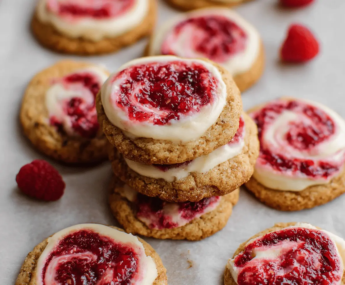 Delicious Swirled Raspberry Cheesecake Cookies with vibrant pink raspberry swirl on top