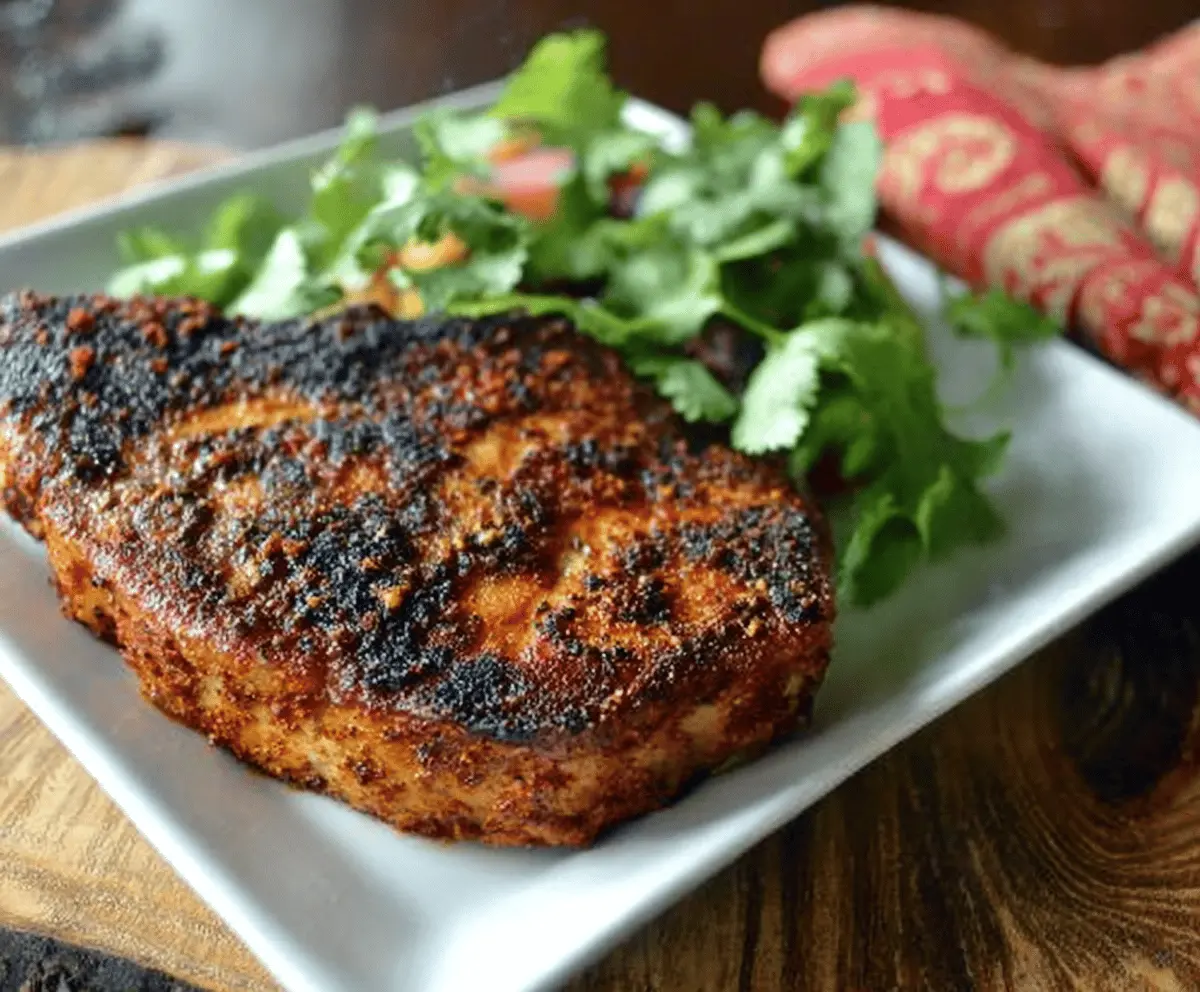 Juicy taco-seasoned pork chops served on a plate with fresh vegetables.