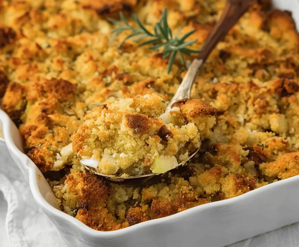 Delicious Southern Cornbread Dressing with crispy top and savory herbs, perfect for holiday dinners.