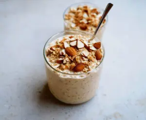 Creamy Almond Croissant Overnight Oats in a glass jar topped with almonds and fresh berries.