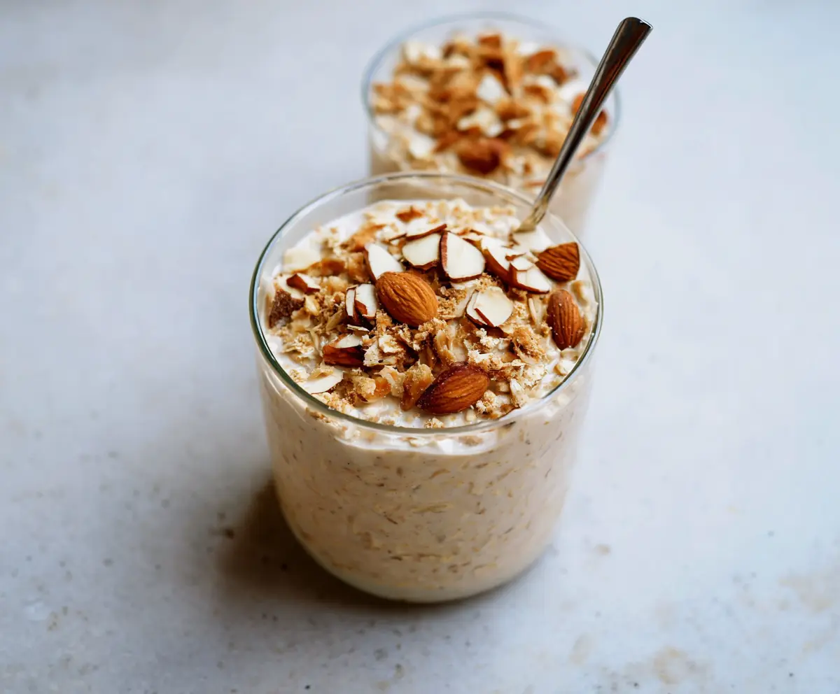 Creamy Almond Croissant Overnight Oats in a glass jar topped with almonds and fresh berries.