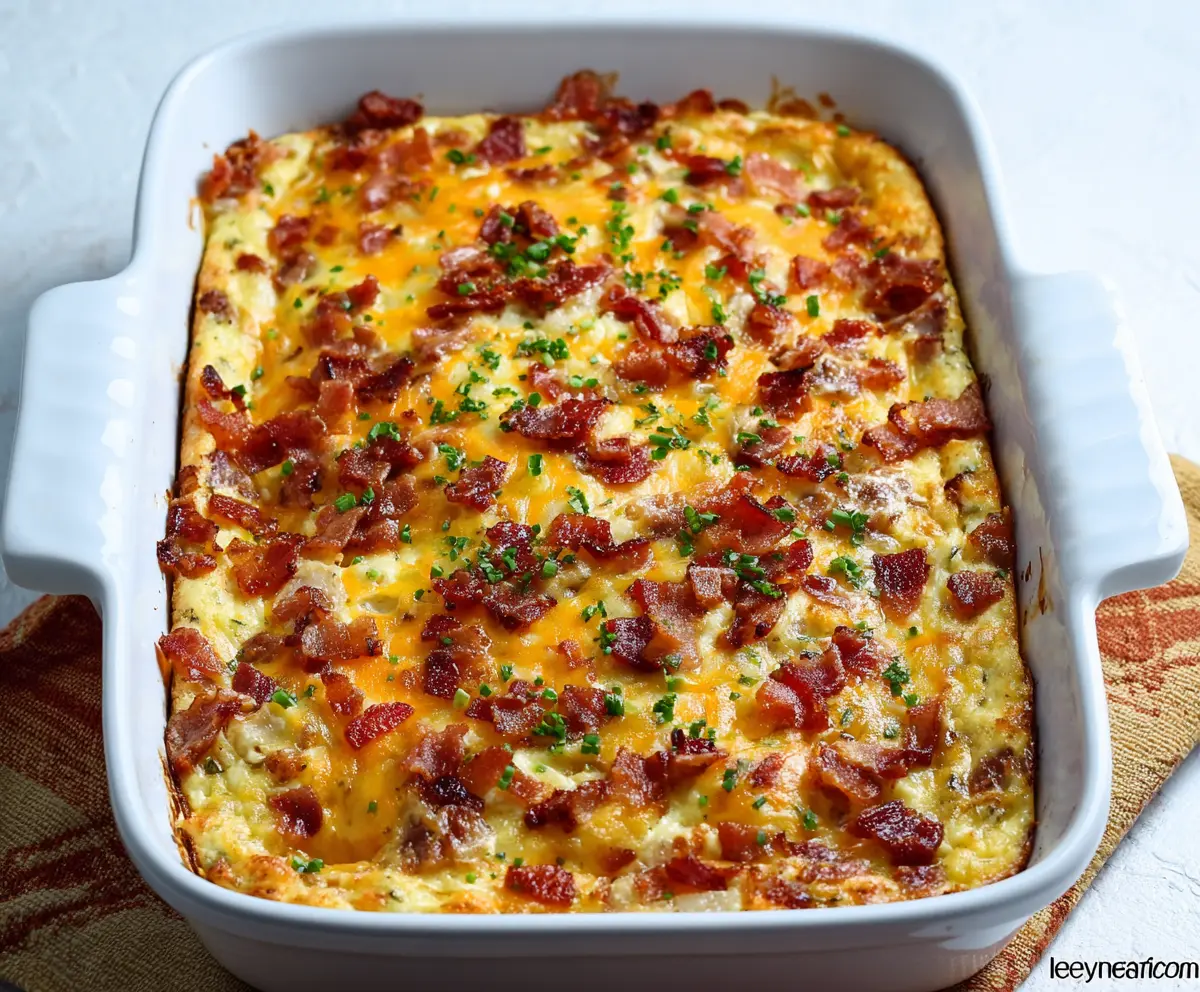 Delicious Amish Breakfast Casserole with eggs, cheese, and breakfast meats served hot.