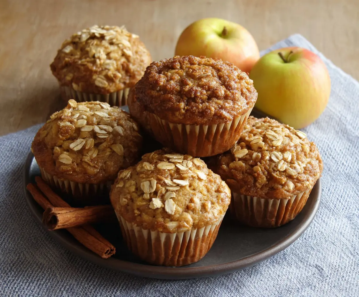 Delicious homemade Apple Cinnamon Oat Muffins on a baking tray, perfect for breakfast or snacks.