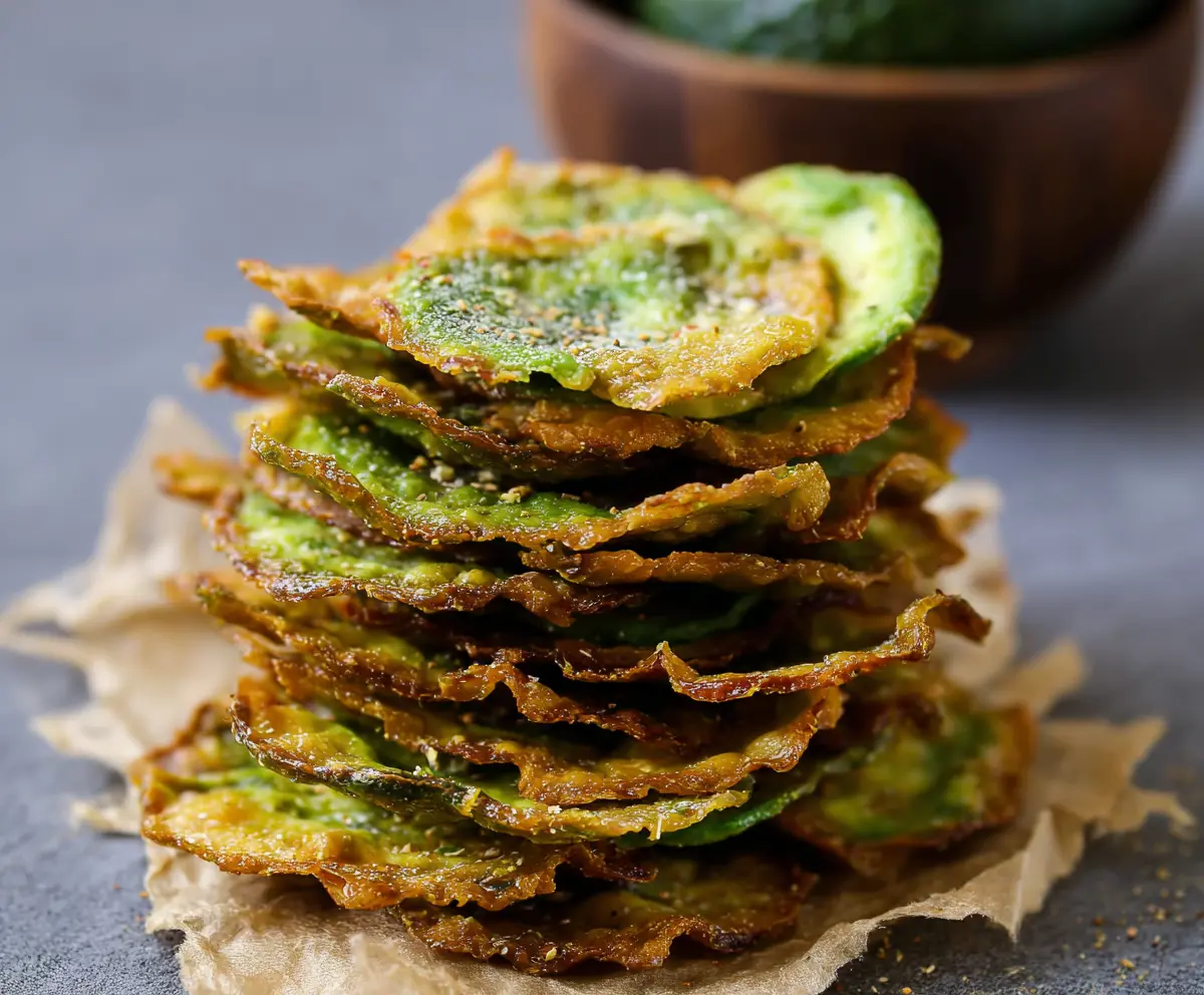Crispy homemade avocado chips garnished with sea salt on a wooden board