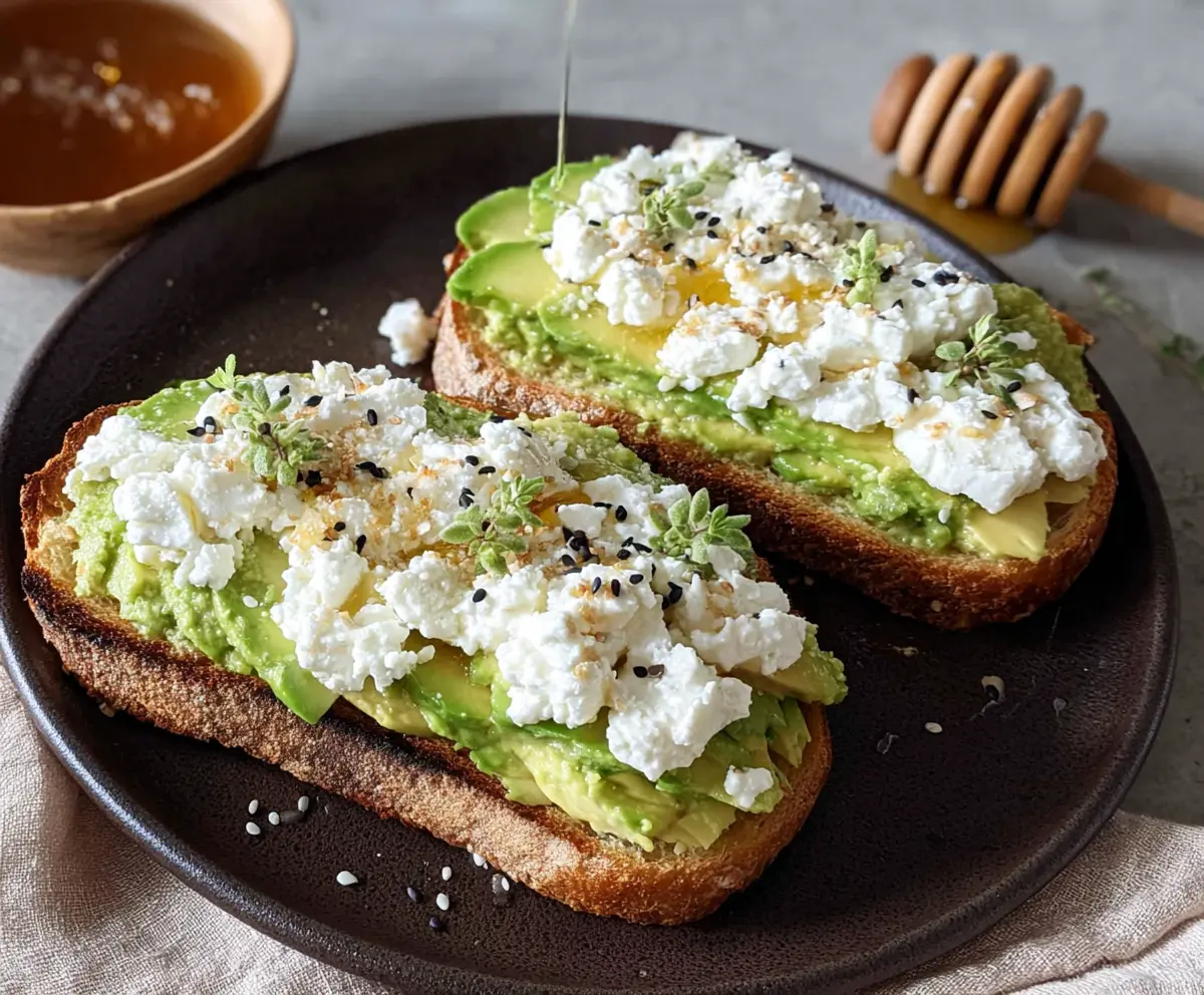 Creamy avocado toast topped with cottage cheese and a drizzle of honey, served on a rustic plate.