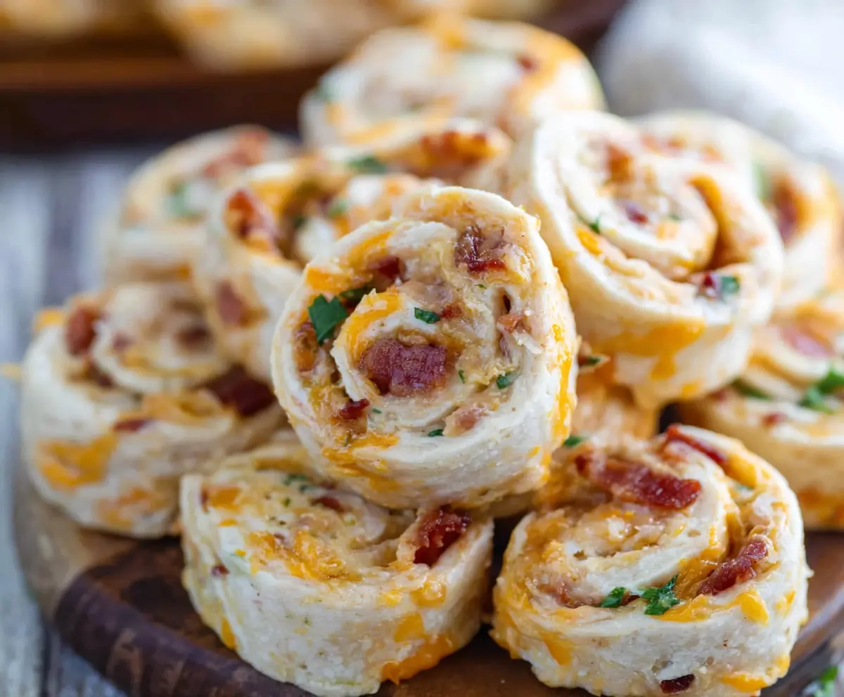 Delicious Bacon Cheddar Ranch Pinwheels on a plate, showcasing crispy bacon, melted cheddar, and fresh herbs.