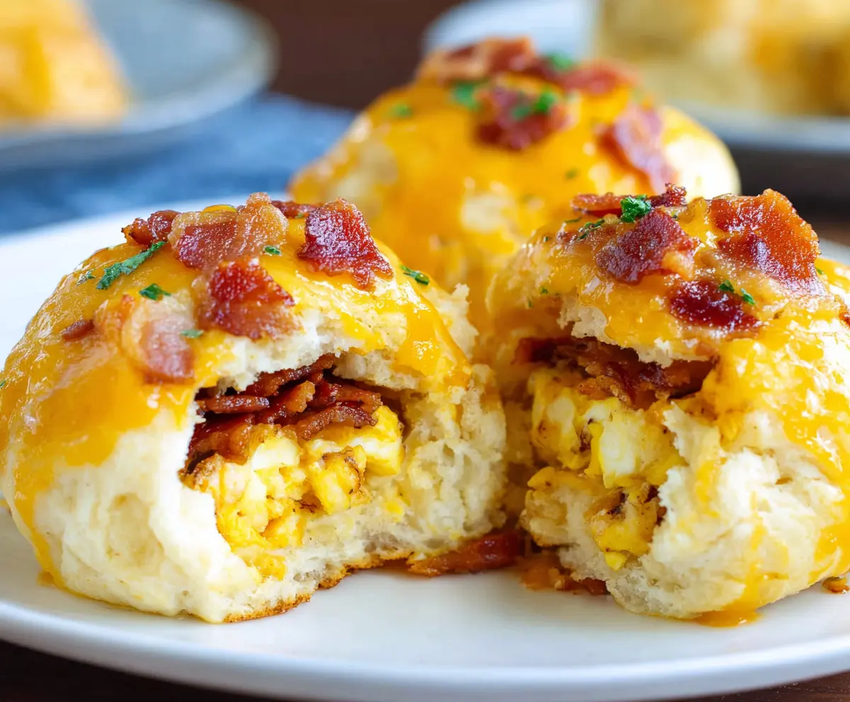 Delicious Bacon Egg Breakfast Biscuit Bombs featuring crispy bacon, fluffy eggs, and golden biscuit shells.