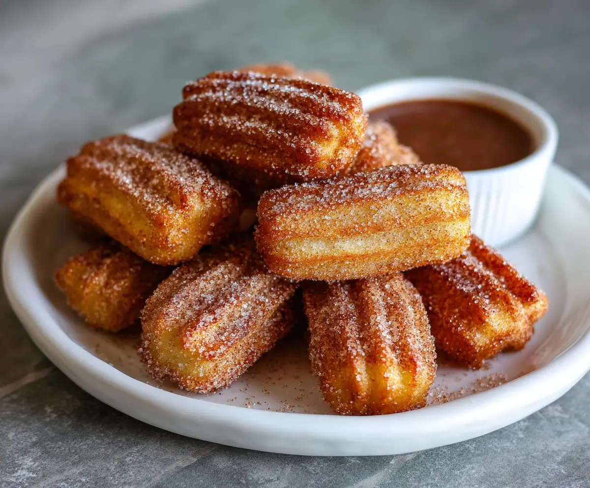 Golden baked churro bites coated in cinnamon sugar, served on a white plate for a delicious dessert treat.