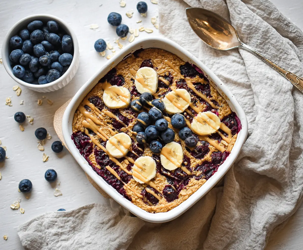 Delicious baked protein oatmeal in a bowl with fresh fruit topping for a healthy breakfast