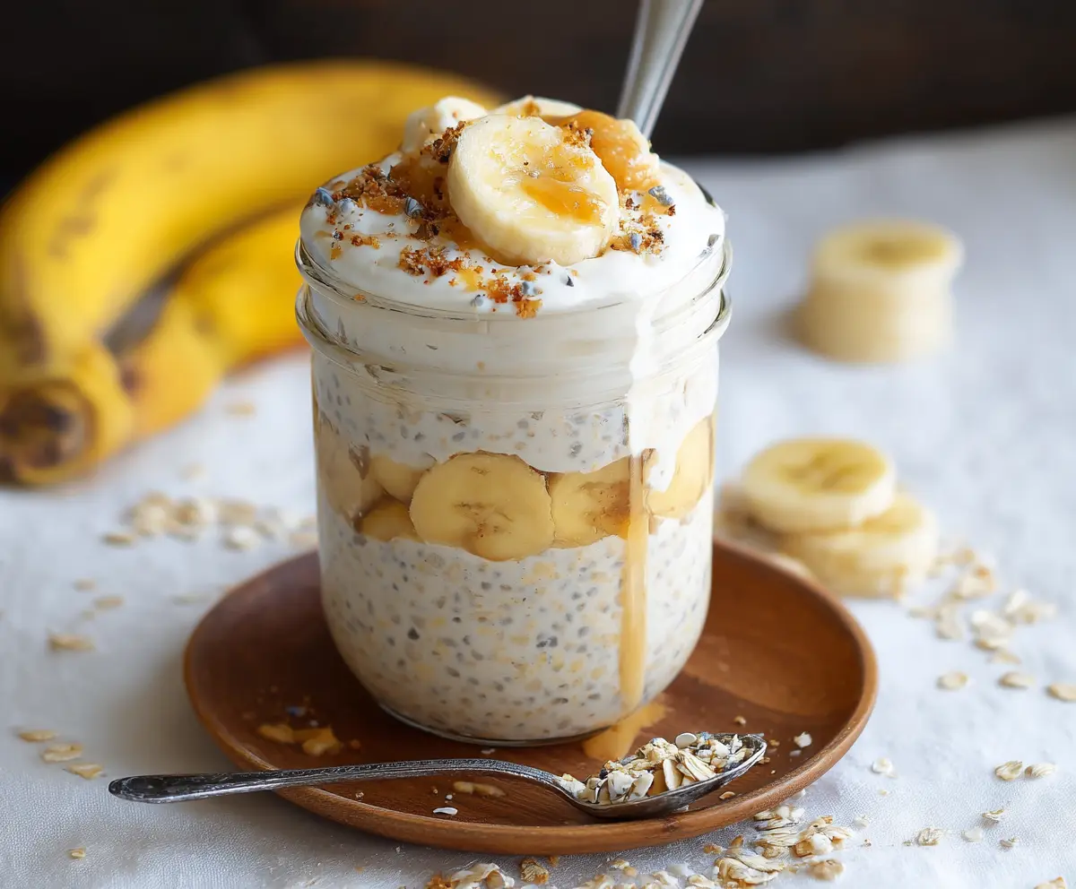 Creamy Banana Cream Pie Protein Overnight Oats in a glass jar with fresh banana slices on top