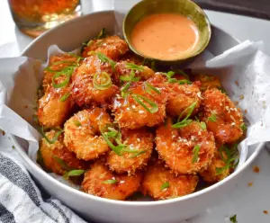 Crispy Bang Bang Shrimp Bites served with a tangy dipping sauce on a white plate.