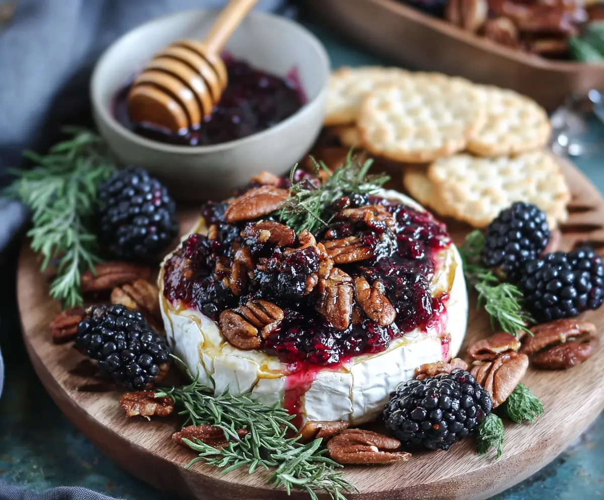 Delicious Blackberry Compote with Spicy Pecan Baked Brie served on a rustic platter