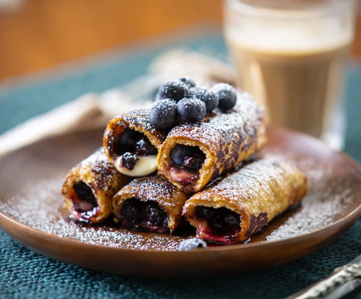 Delicious Blueberry French Toast Roll Ups topped with fresh blueberries and powdered sugar, perfect for breakfast or brunch.