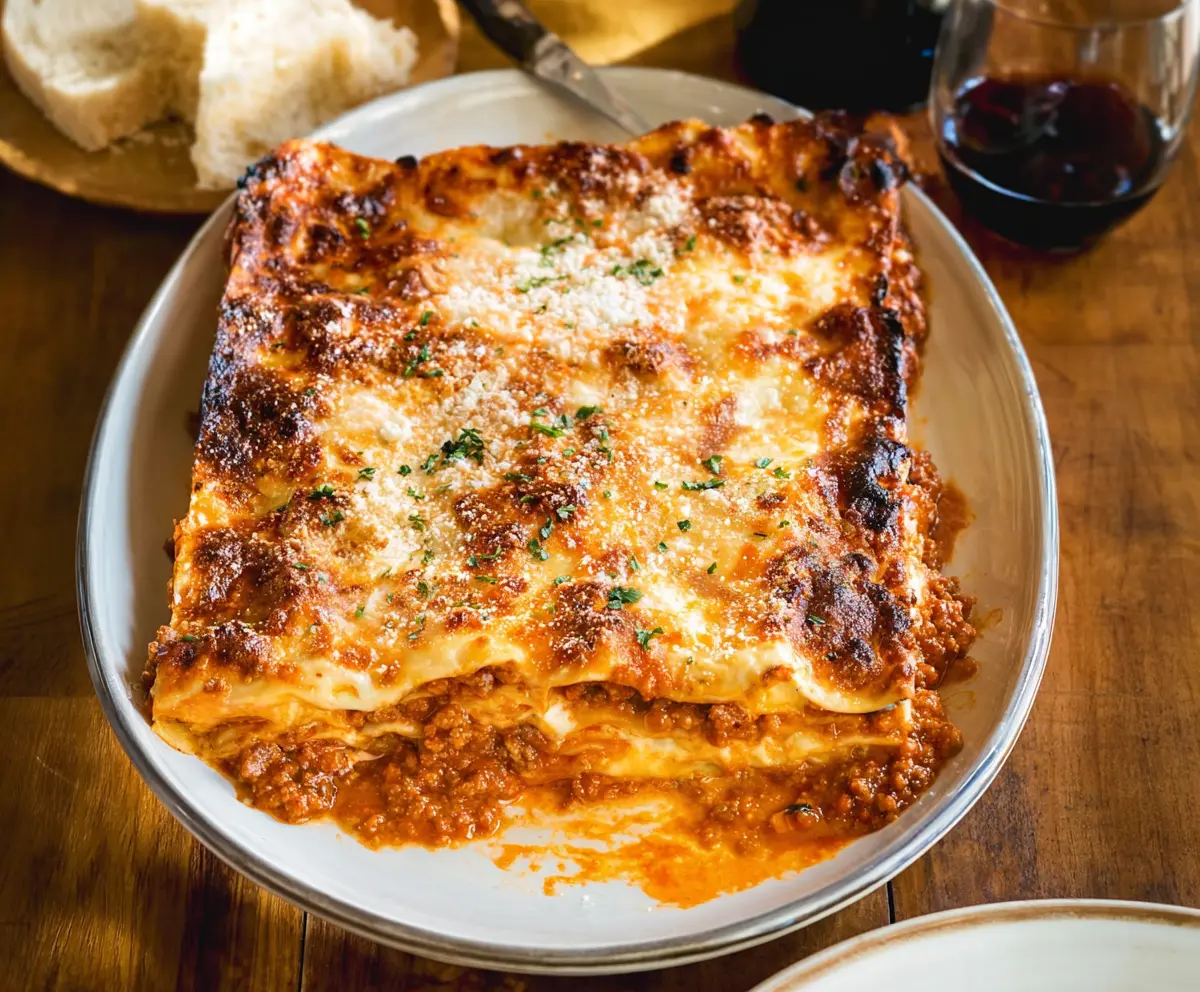 Rich and hearty Bolognese lasagna layered with savory meat sauce and melted cheese.